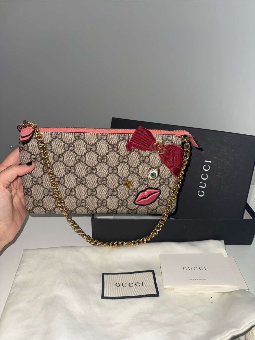 Gucci GG Supreme Face Embellished Wallet on Chain